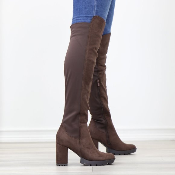 Brown Thigh High Over The Knee Lug Block Heel Boots Faux Suede Round Toe - Picture 4 of 16